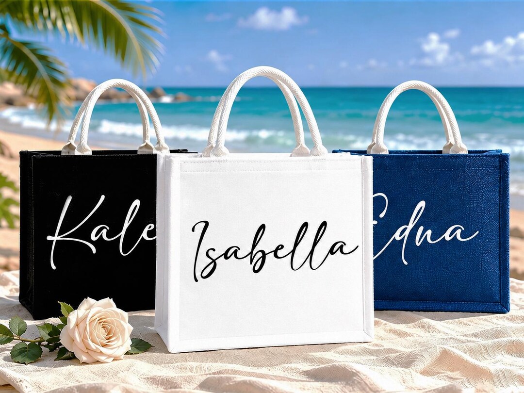 Personalized Bridesmaid Gift Bag, Custom Name Burlap Tote for Bridal ...
