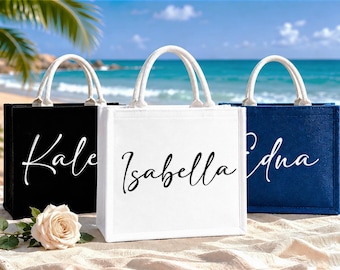 Personalized Bridesmaid Gift Bag, Custom Name Burlap Tote for Bridal Shower, Bachelorette Wedding Favor