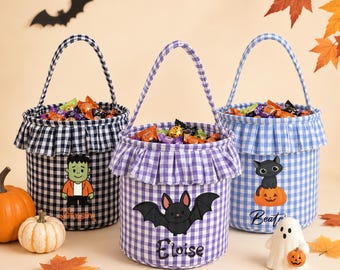 Personalized Halloween Candy Basket, Gingham Trick or Treat Bag, Custom Name Halloween Bucket, Spooky Treat Tote, Fall Party Gift