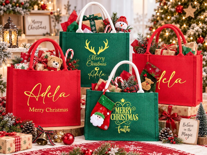 K&ouml;nnte beinhalten: Vier rechteckige Jute-Tragetaschen in Rot und Gr&uuml;n mit wei&szlig;en Henkeln. Die Taschen sind mit goldenem Text personalisiert, darunter Namen wie Adela und Faith sowie Schriftz&uuml;ge wie Merry Christmas, und mit festlichen Weihnachtsmotiven verziert.