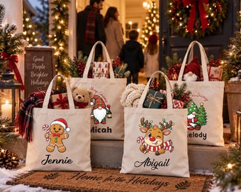 Personalized Christmas Canvas Tote Bag, Custom Name Holiday Gift Bag, Christmas Gift Tote, Family Christmas Party Favor, Secret Santa Gift
