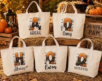 Personalized Halloween Trick or Treat Bag, Custom Name Initial Tote, Halloween Candy Bag for Teens Adults Kids, Spooky Halloween Gift