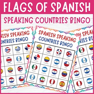 Pode incluir: Três cartelas de bingo com o texto "FLAGS OF SPANISH SPEAKING COUNTRIES BINGO". Cada cartela apresenta uma grade de bandeiras de países de língua espanhola. As bandeiras são dispostas em um design colorido e lúdico, com os nomes dos países abaixo.