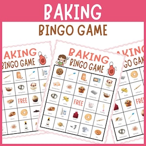 Peut inclure: Un jeu de bingo sur le thème de la pâtisserie composé de plusieurs cartes imprimées avec une grille. Chaque case présente une illustration colorée d'ustensiles ou d'ingrédients comme un rouleau à pâtisserie, un bol et un cupcake.