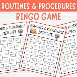 May include: Three colorful "Routines & Procedures Bingo Game" cards. Each card features a grid with various classroom-related terms like "Fire Drill" and "Cleaning Up." The title is in large orange letters.