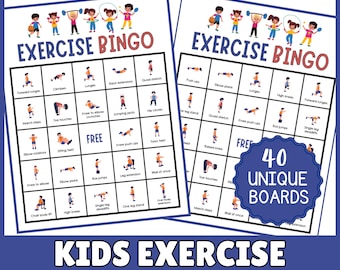 Könnte beinhalten: Zwei Übungs-Bingo-Spielblätter mit farbenfrohen Illustrationen von Kindern, die verschiedene Übungen machen. Der Text "EXERCISE BINGO" steht oben, und unten steht "KIDS EXERCISE BINGO GAME". Das Spiel enthält 40 einzigartige Spielbretter.