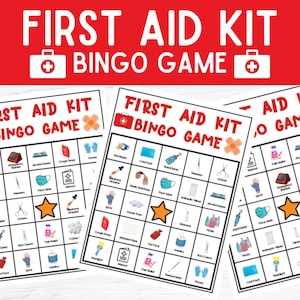 Peut inclure: Graphique rouge et blanc avec le texte "FIRST AID KIT BINGO GAME" et des illustrations de fournitures de premiers secours. Trois cartons de bingo sont visibles, chacun avec une grille d'images liées aux premiers secours et une étoile.
