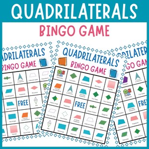 Peut inclure: Un jeu de bingo sur les quadrilatères composé de plusieurs cartes blanches avec des grilles noires. Chaque case contient des formes géométriques et des termes mathématiques comme losange, carré et périmètre. Le titre est en bleu et rose.