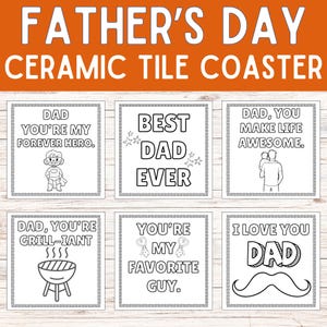 Peut inclure: Ensemble de dessous de verre en céramique avec des messages pour la fête des pères. Les dessous de verre présentent des phrases telles que « Meilleur papa de tous les temps » et « Je t'aime papa ». Chaque dessous de verre a une bordure décorative.