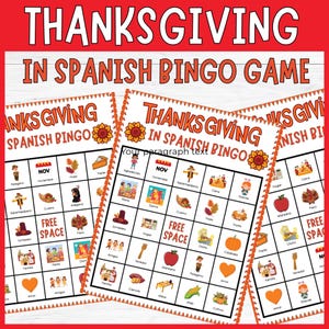 Puede incluir: Tarjetas del juego de bingo de Acción de Gracias en español. Las tarjetas tienen un fondo blanco con gráficos naranjas y marrones. El texto "Thanksgiving in Spanish Bingo Game" está en la parte superior. Las tarjetas tienen imágenes de peregrino, cuerno y calabaza.