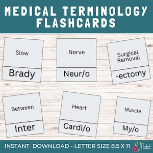 May include: Medical terminology flashcards with terms like "Brady," "Neur/o," and "-ectomy." The flashcards are white with black text, featuring medical prefixes and suffixes. The text "INSTANT DOWNLOAD - LETTER SIZE 8.5 X 11" is also visible.