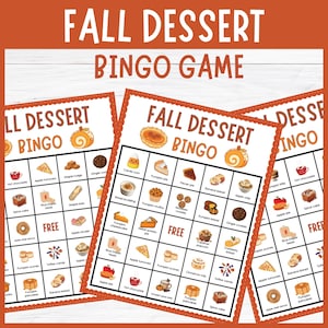 Peut inclure: Trois feuilles de jeu de bingo imprimables sur le thème des desserts d'automne. Chaque feuille présente une grille d'images sur le thème des desserts comme la tarte à la citrouille, les biscuits et le chocolat chaud. Le titre du jeu est en orange, avec une bordure décorative.