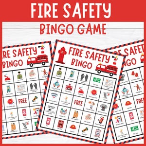 Peut inclure: Trois cartes de jeu de bingo sur la sécurité incendie avec une bordure rayée rouge et noire. Les cartes présentent des illustrations d'équipements et d'instructions de sécurité incendie, avec les mots "FIRE SAFETY BINGO GAME" en haut.