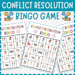 May include: A teal and white graphic with the words "CONFLICT RESOLUTION BINGO GAME". The image features three bingo cards with colorful illustrations and text prompts for conflict resolution strategies. The word "FREE" is visible on the cards.