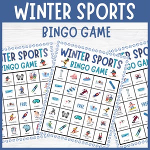 May include: A set of winter sports bingo game cards with illustrations of skiing, snowboarding, and ice skating. The cards have a blue and white color scheme and include the text "WINTER SPORTS BINGO GAME".