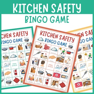 Op de afbeelding: Drie Kitchen Safety Bingo spelkaarten met een raster van illustraties die verschillende keukengevaren en veiligheidsartikelen weergeven. Elke kaart bevat de titel Kitchen Safety Bingo Game boven een raster van kleurrijke iconen.