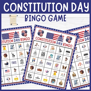 Pode incluir: Folhas de jogo de bingo do Dia da Constituição com temas patrióticos. Cada folha apresenta uma grade de imagens e palavras relacionadas à história e educação cívica americanas, incluindo a bandeira americana, o Sino da Liberdade e o Capitólio.