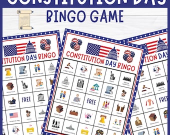Puede incluir: Hojas de juego de bingo del Día de la Constitución con temas patrióticos. Cada hoja presenta una cuadrícula de imágenes y palabras relacionadas con la historia y la educación cívica estadounidenses, incluida la bandera estadounidense, la Campana de la Libertad y el Capitolio.