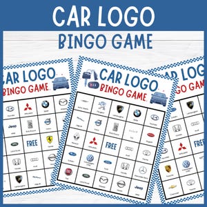 May include: A set of three car logo bingo game cards with a blue and white checkered border. The cards feature car logos and the text "CAR LOGO BINGO GAME" in white and red. Includes car keys and a car graphic.