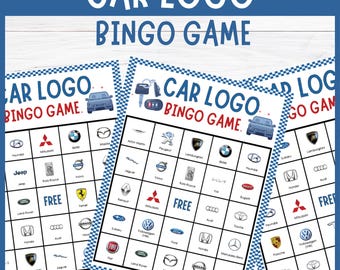 May include: A set of three car logo bingo game cards with a blue and white checkered border. The cards feature car logos and the text "CAR LOGO BINGO GAME" in white and red. Includes car keys and a car graphic.