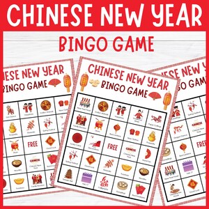 May include: Three bingo game cards with a red and white border, featuring the text "Chinese New Year Bingo Game." Each card has a grid of images and words related to the Chinese New Year celebration, including lanterns and dumplings.