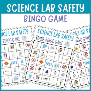 May include: A Science Lab Safety Bingo game set featuring multiple printed cards with a grid of illustrations depicting laboratory equipment and safety rules. Each square contains a colorful icon and text labels like test tube, goggles, and apron.