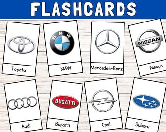 Tarjetas didácticas de logotipos de coches | 36 logotipos de marcas y empresas automotrices famosas | Materiales Montessori, símbolos de coches en EE. UU.