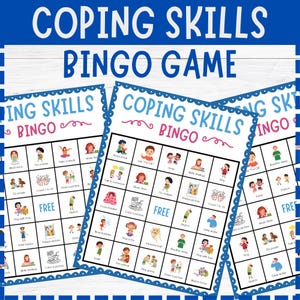 以下が含まれることがあります： 複数の「Coping Skills Bingo Game」カード。各カードには、「本を読む」や「大丈夫と言う」などのイラストが描かれた、対処法がグリッド状に表示されています。ゲームタイトルは大きな青い文字で表示されています。