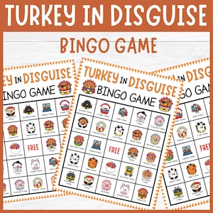 Peut inclure: Trois feuilles imprimables du "Jeu de Bingo Dinde Déguisée". Chaque feuille présente une grille d'illustrations colorées de dindes déguisées, avec le texte "FREE" au centre. Le titre du jeu est affiché en grandes lettres en gras.