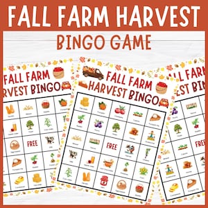 Peut inclure: Feuilles de jeu de Bingo Fall Farm Harvest avec des illustrations sur le thème de l'automne. Les planches de jeu présentent des images de citrouilles, de pommes et d'autres éléments de la récolte. Le texte "FALL FARM HARVEST BINGO GAME" est affiché en haut.