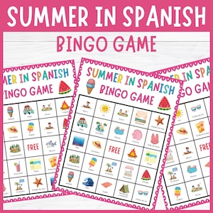Peut inclure: Trois cartes de jeu de bingo sur le thème de l'été en espagnol. Les cartes présentent des illustrations colorées d'articles liés à l'été comme des glaces, des pastèques et des scènes de plage. Le texte "Summer in Spanish Bingo Game" est affiché en haut.