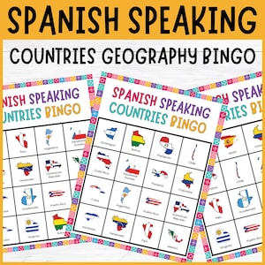 May include: Three bingo cards with the text "Spanish Speaking Countries Geography Bingo". Each card features a grid of country flags, including Peru, Argentina, and Spain. The cards have colorful borders and are designed for educational purposes.