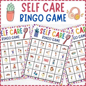 Può includere: Un gioco di bingo per la cura di sé con la scritta "SELF CARE BINGO GAME" in alto. Le cartelle del bingo presentano illustrazioni di attività di cura di sé. Sono presenti anche una pianta in vaso e delle cuffie.