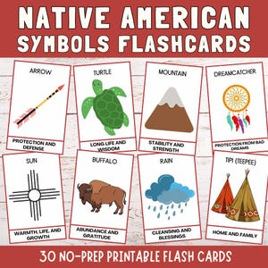May include: A set of Native American Symbols flashcards. Each card features a symbol like an arrow, turtle, mountain, dreamcatcher, sun, buffalo, rain, and tipi. The cards are labeled with the symbol's meaning, such as protection, wisdom, and abundance.