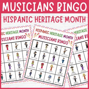 May include: A set of bingo cards with the text "MUSICIANS BINGO" and "HISPANIC HERITAGE MONTH". Each card features illustrations of musicians and their names. The cards are decorated with maracas and colorful borders.