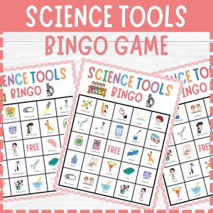 Peut inclure: Cartes de bingo sur le thème des sciences avec une bordure rose et blanche. Les cartes présentent des illustrations d'outils scientifiques tels que des microscopes, des béchers et des flacons. Le texte "SCIENCE TOOLS BINGO GAME" est en haut.