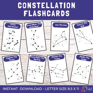 May include: A set of constellation flashcards, each displaying a different constellation such as Orion, Ursa Minor, Leo, and Taurus. The cards have black outlines of stars on a white background. The text "CONSTELLATION FLASHCARDS" is at the top. The size is 8.5 x 11 inches.