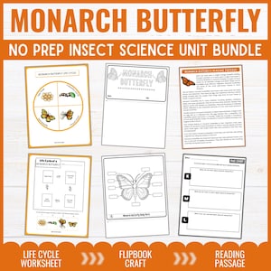 May include: A Monarch Butterfly No Prep Insect Science Unit Bundle featuring six educational worksheets. The pages include a life cycle diagram, a flipbook cover, a reading passage, a life cycle worksheet, a body parts diagram, and a KWL chart.