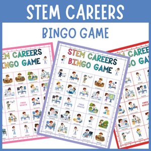 Peut inclure: Trois cartes de jeu de bingo STEM Careers avec des fonds blancs et des bordures colorées. Chaque carte présente une grille d'illustrations représentant diverses professions scientifiques, étiquetées avec du texte, et inclut une case libre centrale.