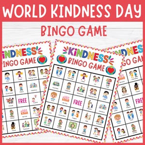 Può includere: Tre carte "Kindness Bingo Game" con testo e illustrazioni colorate. Il testo in alto recita "World Kindness Day" e "Bingo Game". Le cartelle del bingo presentano immagini di persone e parole come "Share", "Give" e "Peace".