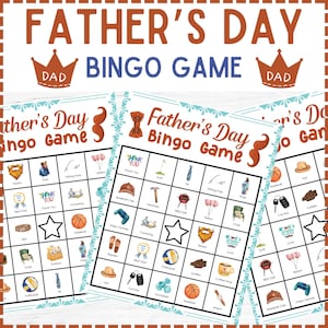 Peut inclure: Cartes de jeu de bingo pour la fête des pères, avec un thème marron et bleu. Les cartes présentent des illustrations d'objets tels qu'une casquette de baseball, une cravate et une tasse à café. Le texte "Father's Day Bingo Game" est en haut.