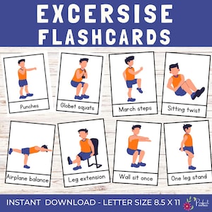 Può includere: Schede di esercizi con illustrazioni di esercizi come pugni, squat globet e passi di marcia. Ogni scheda mostra un esercizio diverso con il suo nome. Il testo "EXCERSISE FLASHCARDS" è in alto. Le schede misurano 21,6 x 27,9 cm.