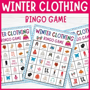 Peut inclure: Trois cartes de jeu de bingo sur le thème des vêtements d'hiver, avec des illustrations de vêtements d'hiver tels que des vestes, des chapeaux et des gants. Le texte "WINTER CLOTHING BINGO GAME" est en haut en grandes lettres roses. Les cartes sont sur fond blanc.