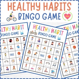Healthy Habits Bingo Game, wellness & self care classroom game, Kids Health Printable Party Game