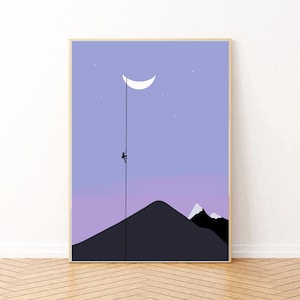 A climber to the moon. Minimalist illustration. Size: 50x70 centimeters. High resolution 300 dpi. Instant digital download.