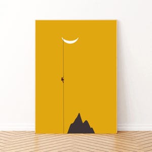 A climber to the moon. Minimalist illustration. Size: 50x70 centimeters. High resolution 300 dpi. Instant digital download.