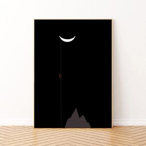 A climber on a mountain wall. Minimalist illustration. Size: 50x70 centimeters. High resolution 300 dpi. Instant digital download.