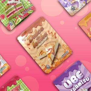 May include: Assortment of colorful, sealed pouches with images of desserts and the text "Dulce de Leche Cheesecake", "Ube Ramisu", and "Strawberry", each with a cannabis leaf icon and the text "CA".