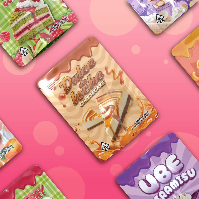 May include: Assortment of colorful, sealed pouches with images of desserts and the text "Dulce de Leche Cheesecake", "Ube Ramisu", and "Strawberry", each with a cannabis leaf icon and the text "CA".