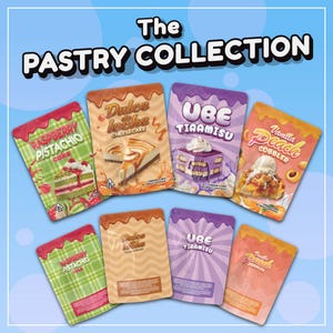 May include: A collection of eight colorful pouches with different pastry designs. The pouches feature images of raspberry pistachio cake, dulce de leche cheesecake, ube tiramisu, and vanilla peach cobbler.